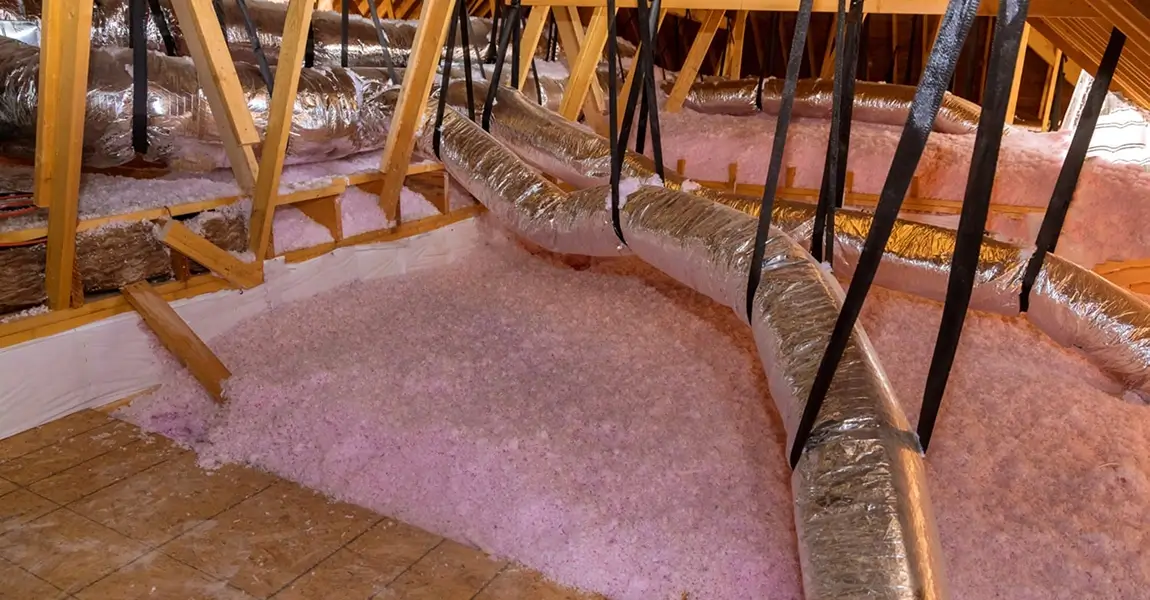 Attic framing and ductwork above loose-fill insulation