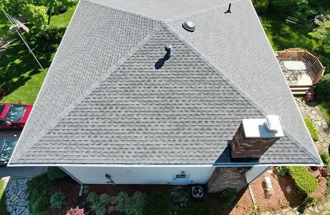Overhead view of a shingled home roof