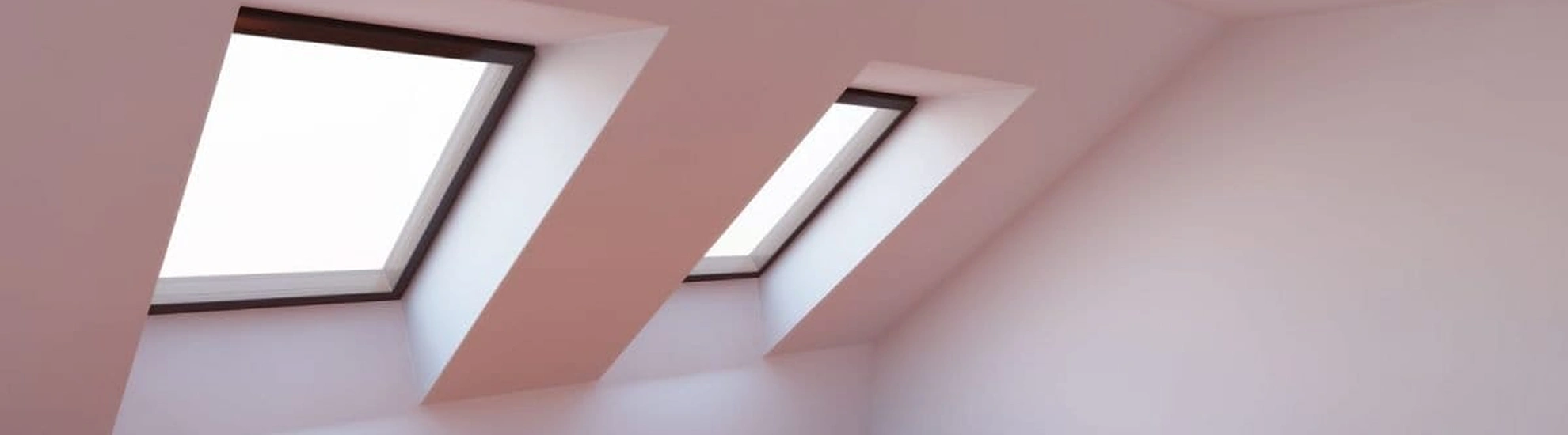 Two skylights bring daylight into a room with a white sloped ceiling