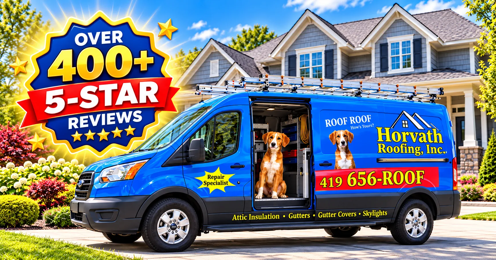 Blue Horvath Roofing van with a dog in the doorway in front of a home